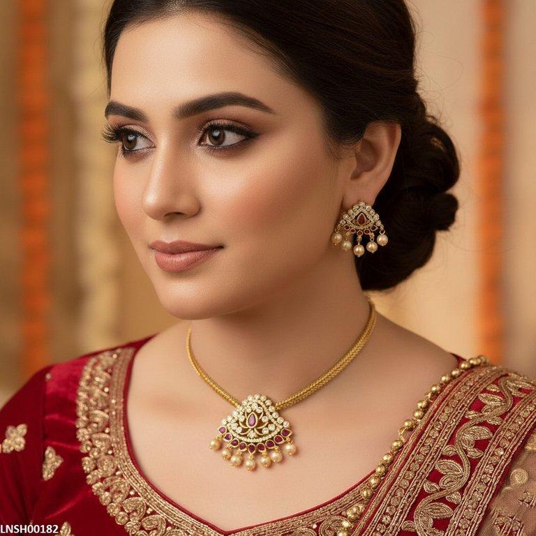 LNSH00182 ANI Tear Round Pearl Drop Necklace Set - LNSH