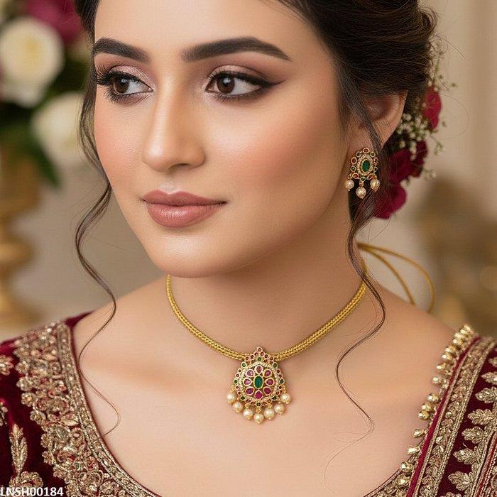 LNSH00184 ANI Multi Stone Pearl Drop Necklace Set - LNSH
