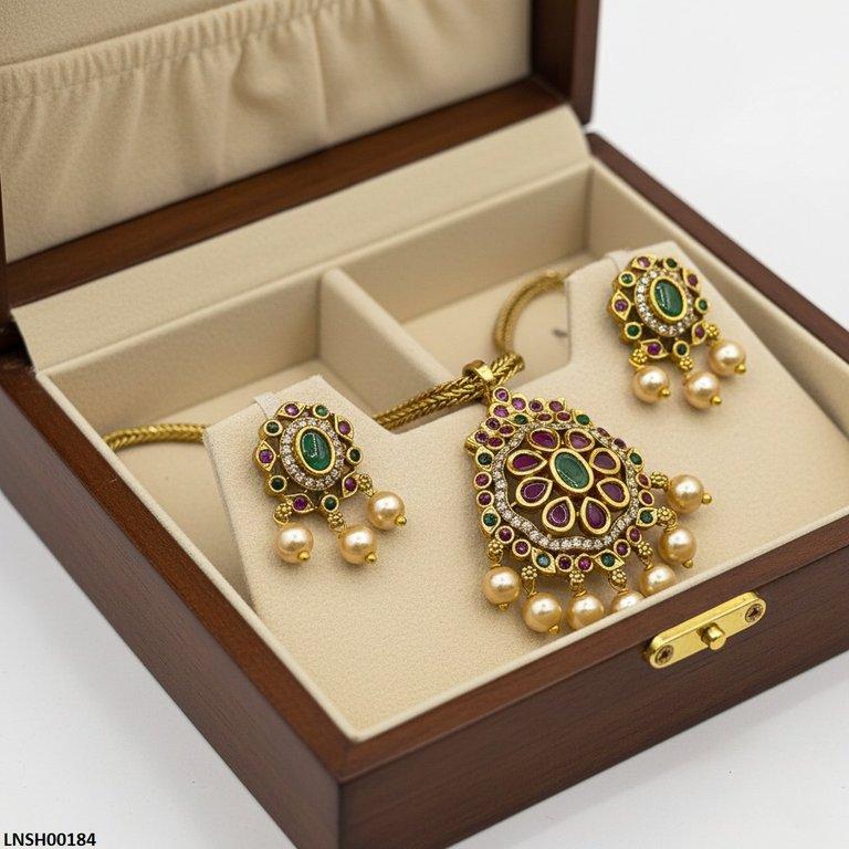 LNSH00184 ANI Multi Stone Pearl Drop Necklace Set - LNSH