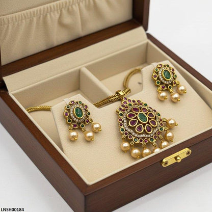 LNSH00184 ANI Multi Stone Pearl Drop Necklace Set - LNSH