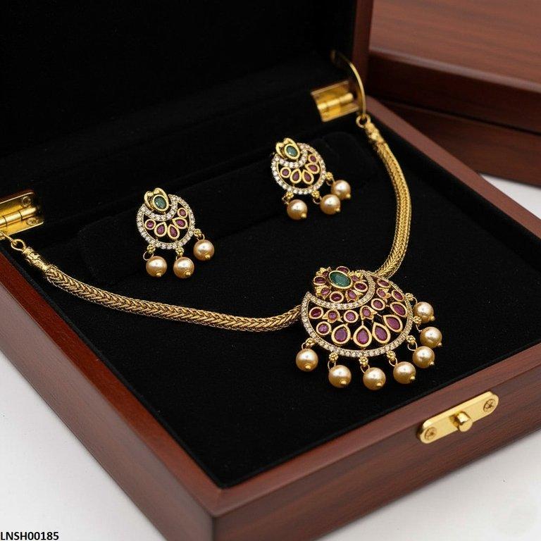 LNSH00185 ANI Moon Flower Pearl Drop Necklace Set - LNSH