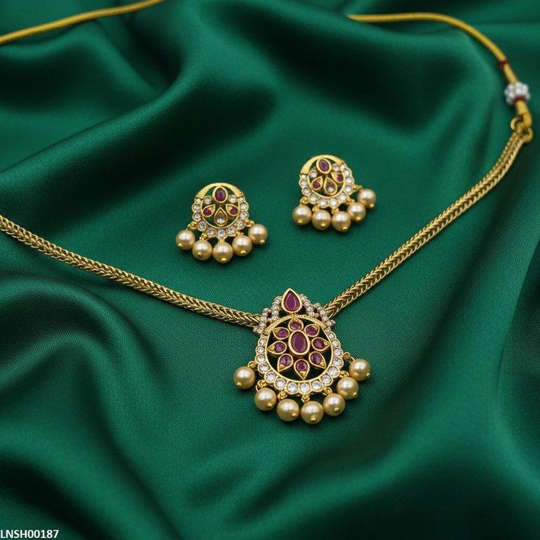 LNSH00187 ANI Tear/Oval Flower Pearl Drop Necklace Set - LNSH