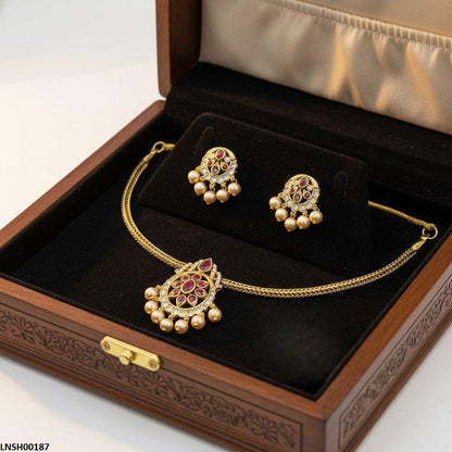 LNSH00187 ANI Tear/Oval Flower Pearl Drop Necklace Set - LNSH