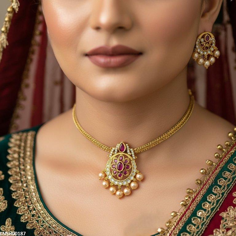 LNSH00187 ANI Tear/Oval Flower Pearl Drop Necklace Set - LNSH