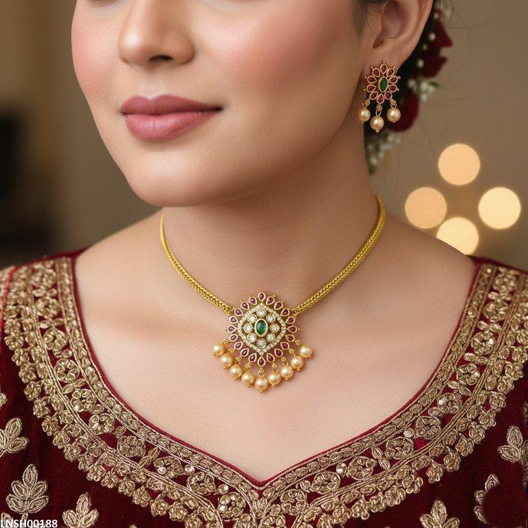 LNSH00188 ANI Flower Pearl Drop Necklace Set - LNSH