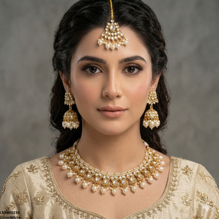 LNSH00236 ANI  Marquise Flower Pearl Drop Necklace Set - LNSH