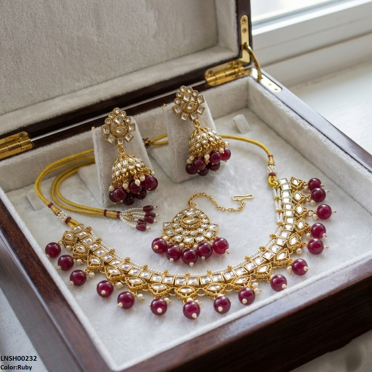 LNSH00232 ANI Square Stone Pearl Drop Necklace Set - LNSH