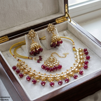 LNSH00232 ANI Square Stone Pearl Drop Necklace Set - LNSH
