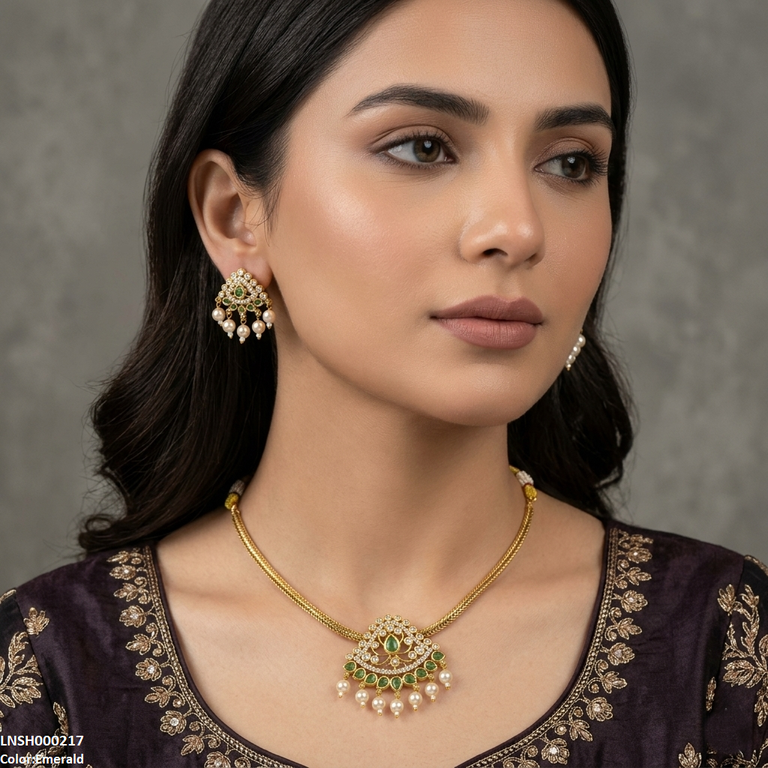 LNSH00217 ANI  Tear Round Pearl Drop Necklace Set - LNSH
